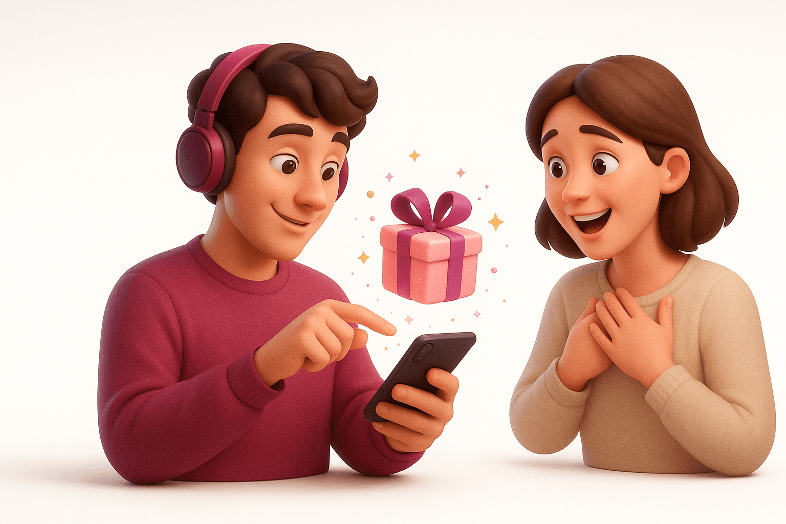 Ilustração 3D de uma pessoa criando um presente digital e outra reagindo com emoção